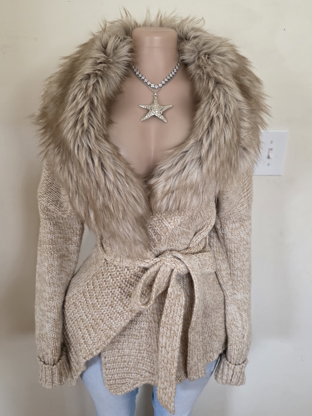 Express Beige Faux Fur Collar Cardigan